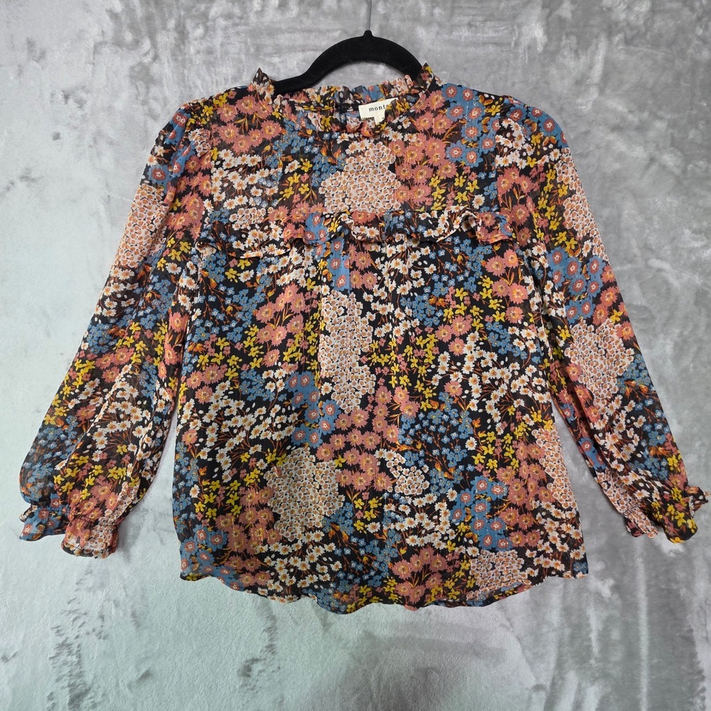 Monteau Los Angeles Floral Metallic Lurex Ruffle Blouse Top Small Multi-Color